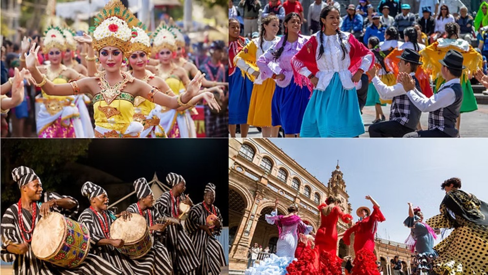 Colorful collage of dancers in traditional clothing from various cultures performing in vibrant settings.