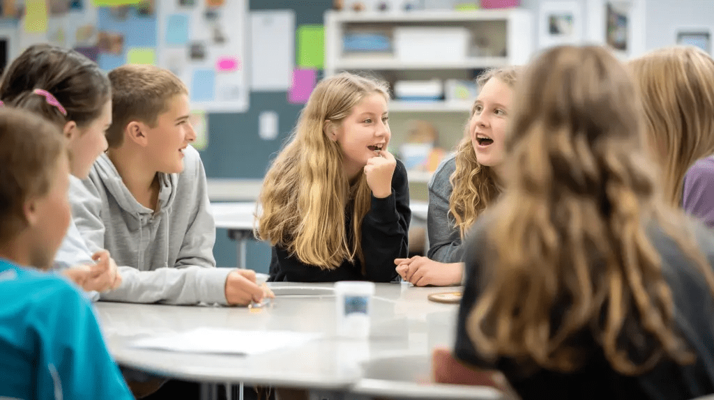 Group of children engaged in a lively classroom discussion around a round table.