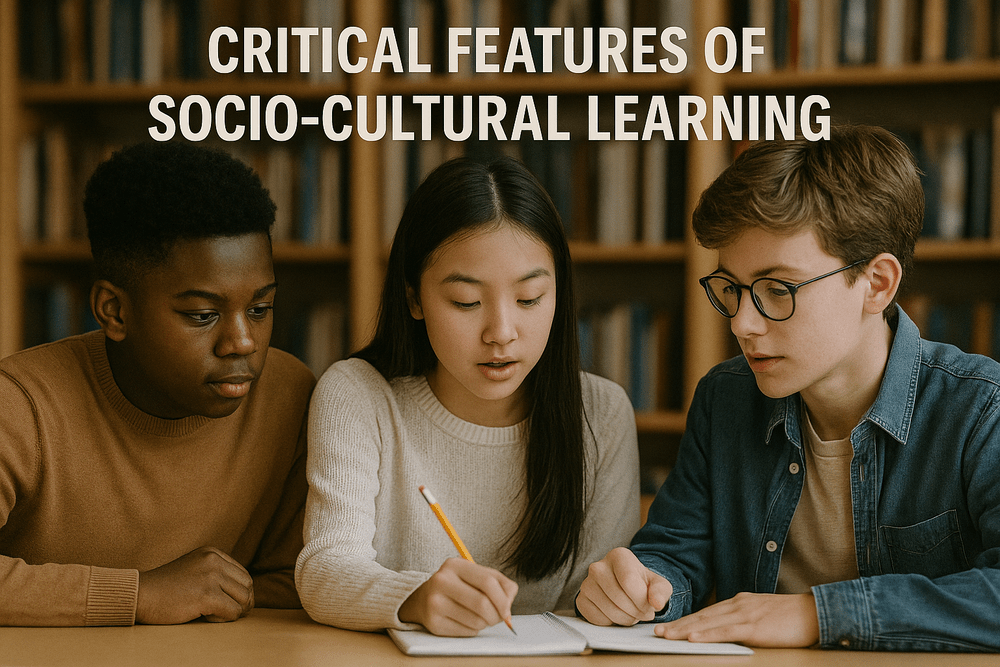 Diverse group of students collaborating at a library table, exploring socio-cultural learning concepts.