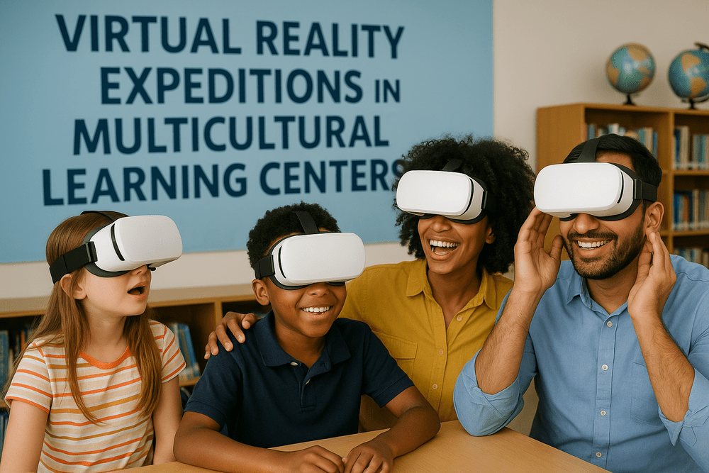 Group of diverse individuals using VR headsets in a multicultural learning center.