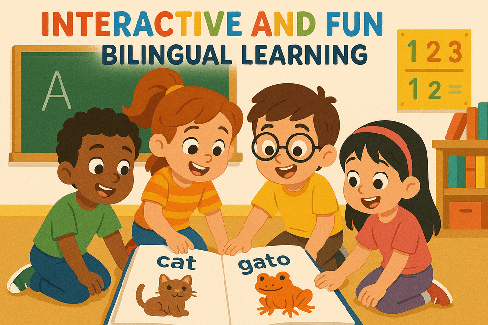 Children engaging in bilingual learning with an open book and chalkboard.