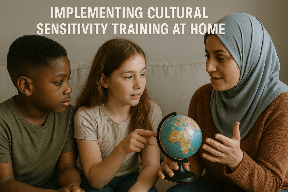 A woman teaching two children with a globe, focusing on cultural sensitivity at home.